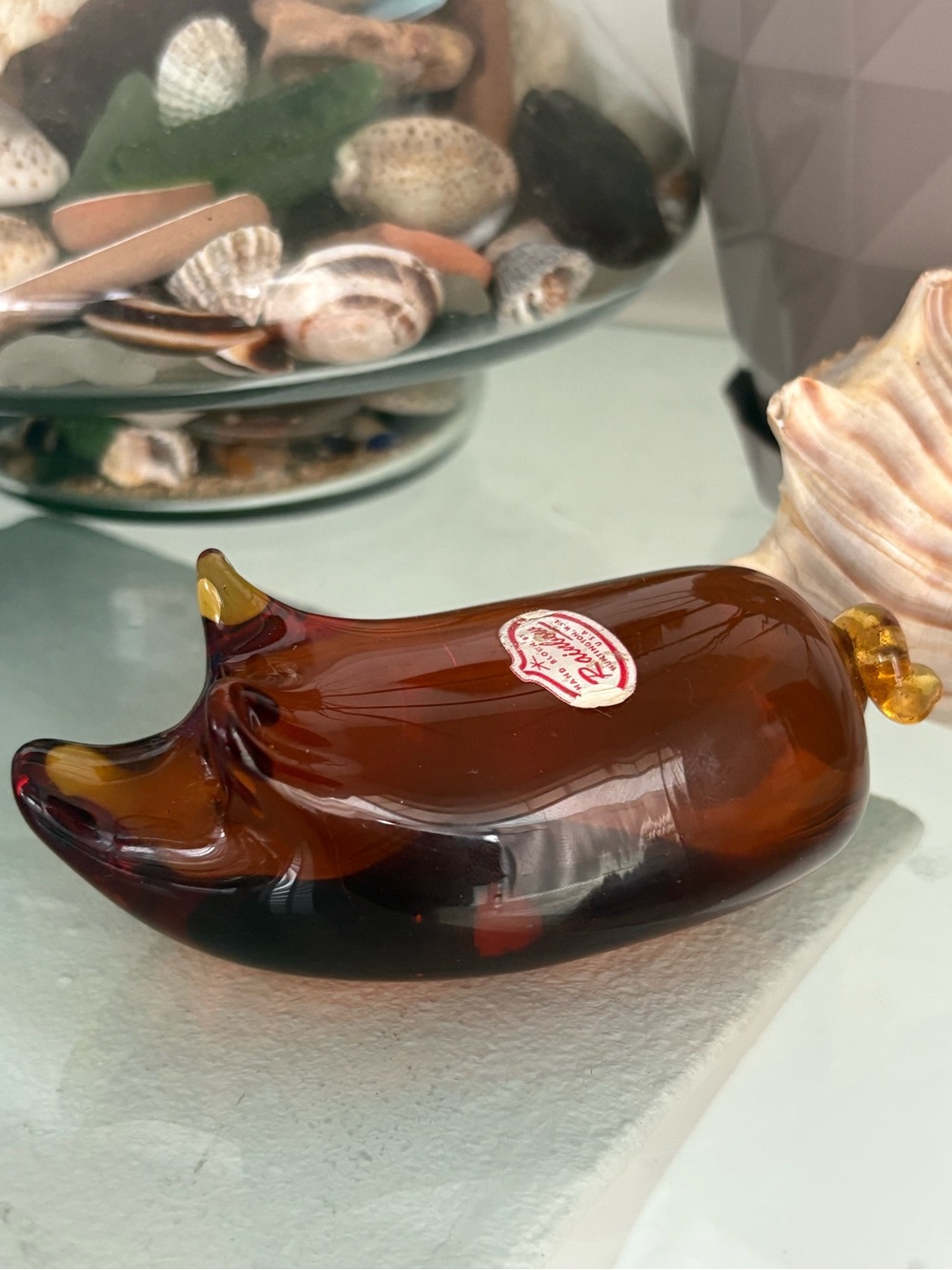 Vintage Rainbow amber art glass pig paperweight shelf decor